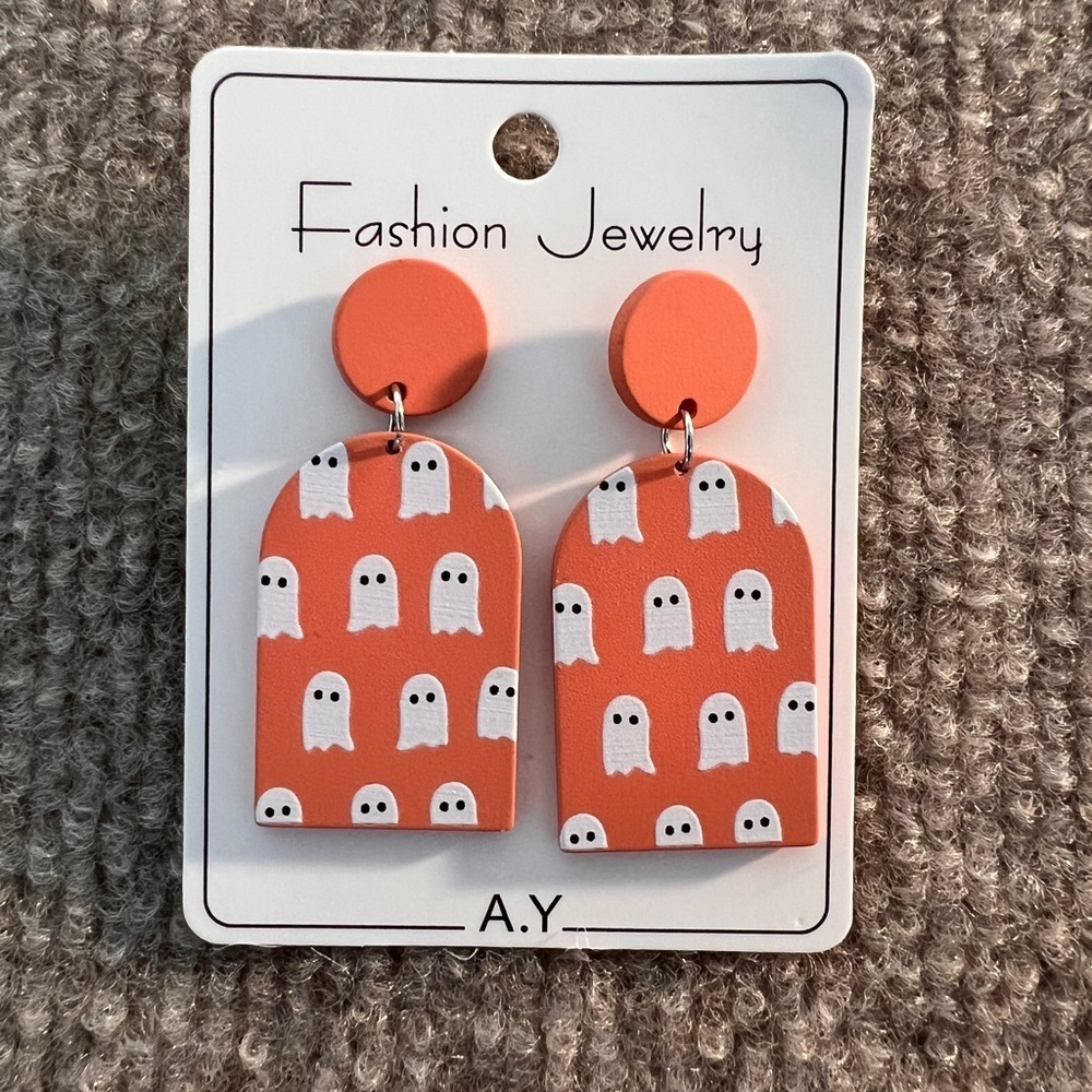 NWOT Orange Ghost Pattern Earrings